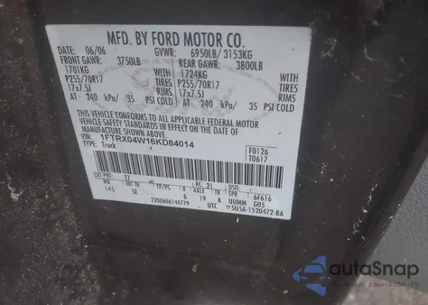 2006 Ford F-150 Stx/Xlt из США, поврежденный, VIN 1FTRX04W16KD84014